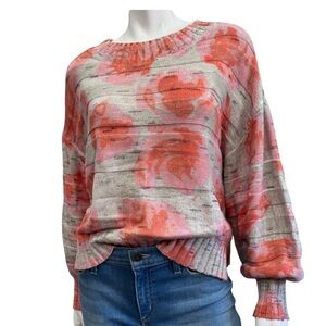NIC+ZOE Coral Gray Floral Knit Sweater Lightweight Pullover PL